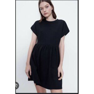 Zara Basic Black‎ Short-Sleeve Dress With Pleated Skirt & Back Zipper Closure